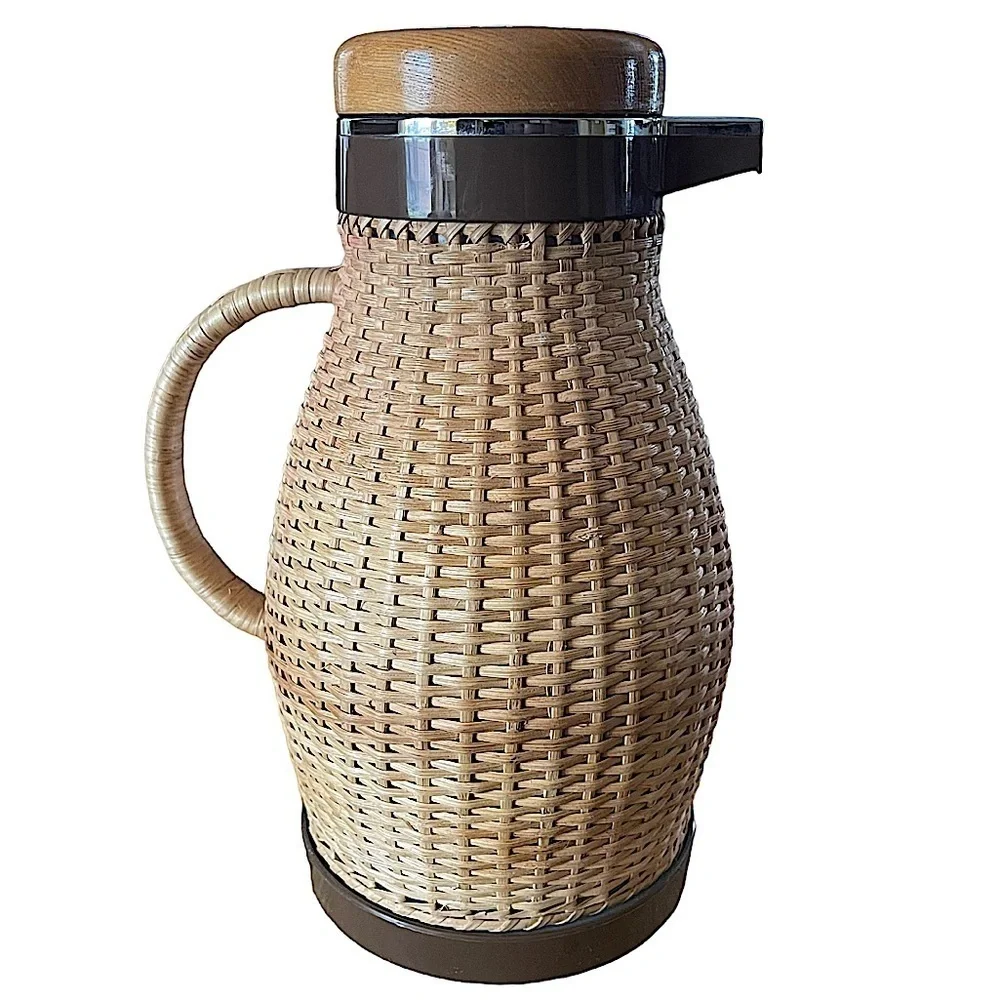 MCM Vintage Corning Designs Wicker Wrapped Thermal Carafe Coffee Thermos